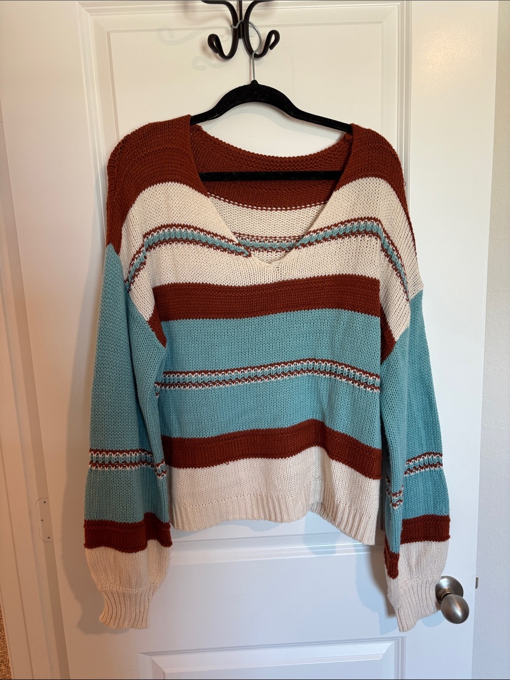 Striped V-Neck Women's Sweater in Rust, Cream & Teal